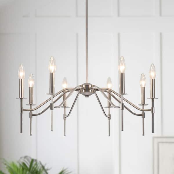 8-Light Nickel Hanging Linear Candlestick Chandelier Lighting Fixture for Kitchen Island