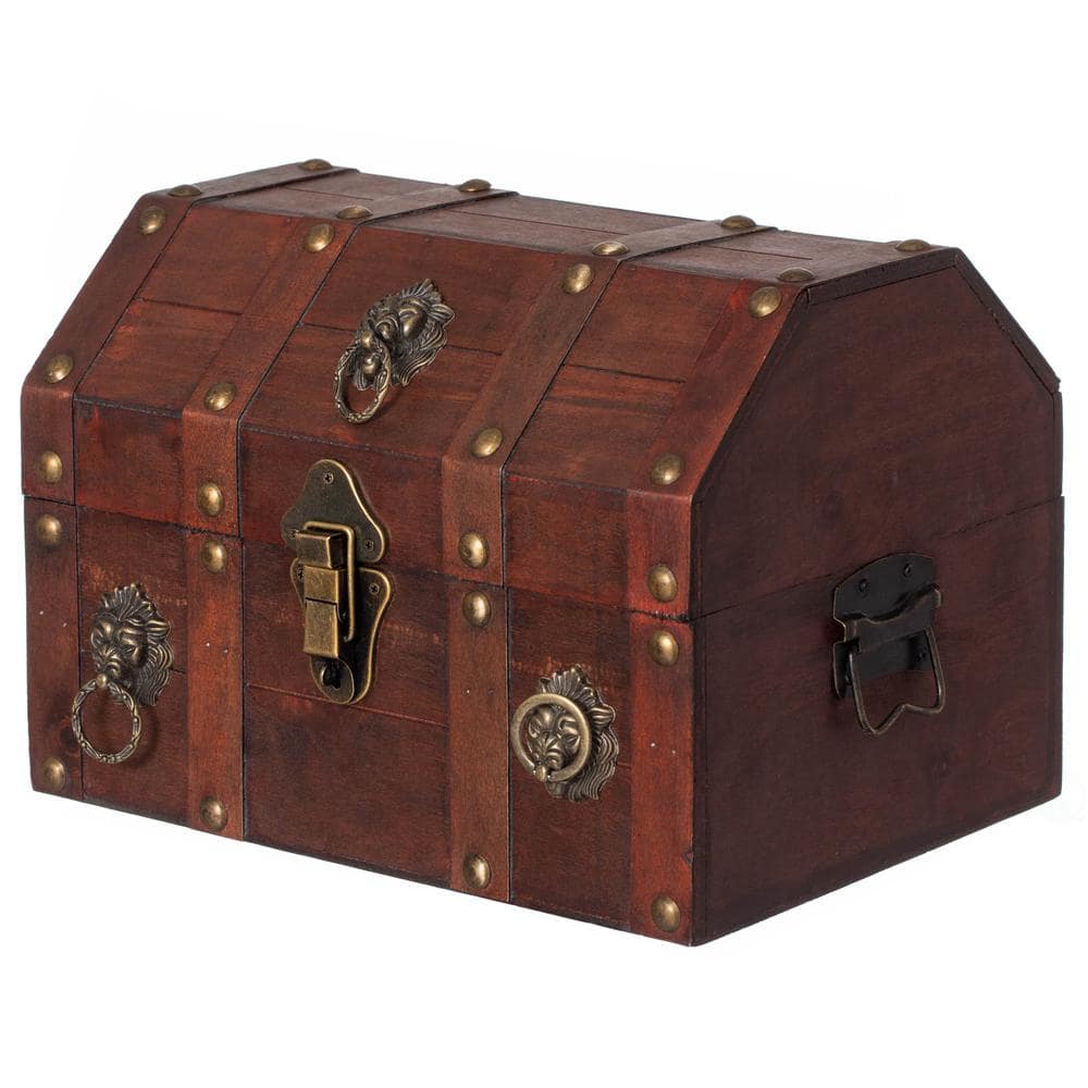 Vintiquewise Handmade Pirate Treasure Chest with Lockable Latch and Hinged Lid, Brown, 9.25 in. H x 13 in. W x 9.5 in. D