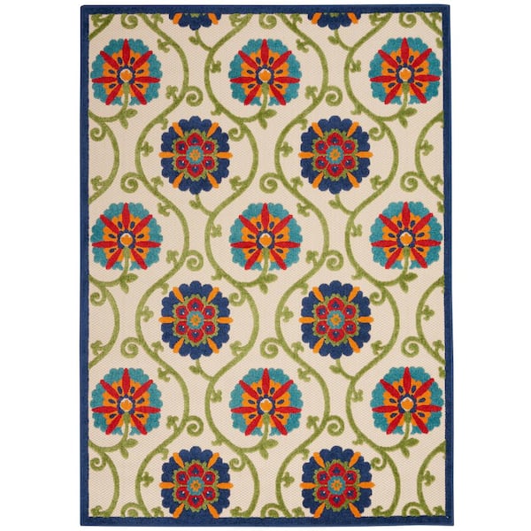 Nourison Aloha Easy-Care Blue/Multicolor 8 ft. x 11 ft. Floral Modern Indoor/Outdoor Patio Area Rug