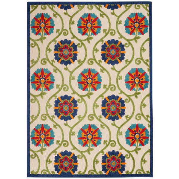Aloha Easy-Care Blue/Multicolor 8 ft. x 11 ft. Floral Modern Indoor/Outdoor Patio Area Rug