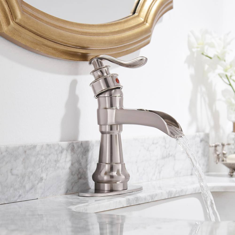 Brushed Nickel Waterfall Single Handle Bathroom Faucet with Pop-Up Drain
