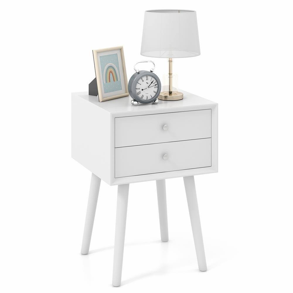 Mid-Century Modern White Wood 2-Drawer Nightstand