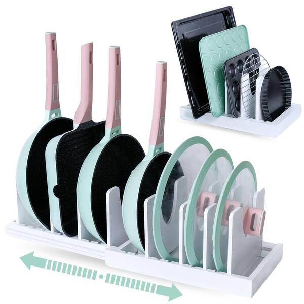 White Bamboo Expandable Standing Pot Rack, Adjustable Pot Lids Holder Rack, Pots and Pans Organizer for Kitchen