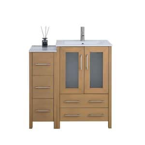 36 in. W x 18.1 in. D x 35.8 in. H Single Basin Natural Oak Bath Vanity with White Ceramic Top and Mirror