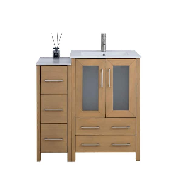 Vanity Art 36 in. W x 18.1 in. D x 35.8 in. H Single Basin Natural Oak Bath Vanity with White Ceramic Top and Mirror