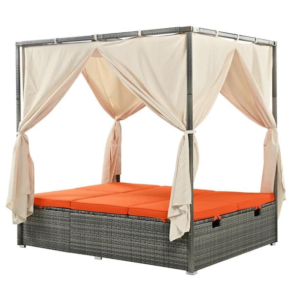 Clihome 6-Seat Adjustable Back Wicker Outdoor Day Bed with Curtain and Orange Cushions