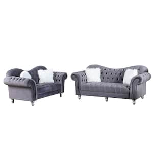 Luxury Classic 2-Piece America Chesterfield Tufted Camel Back Armchair Sofa Set Loveseat and Sofa in Grey
