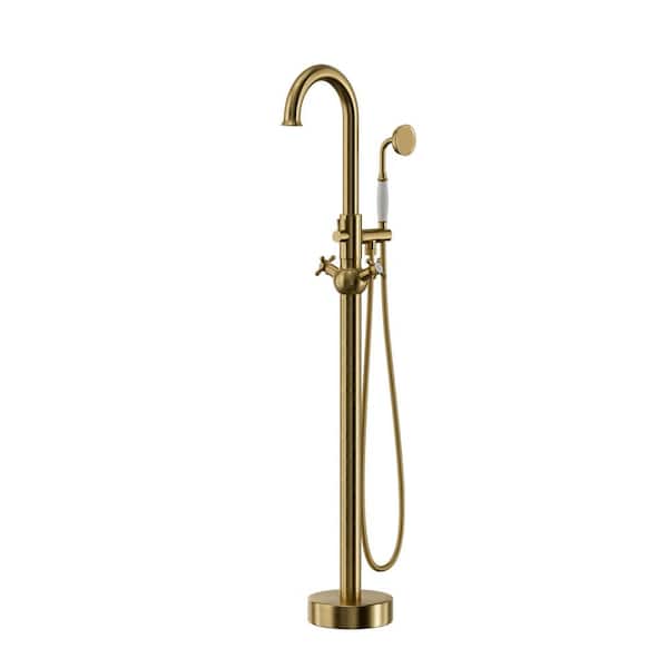 Aosspy 2-Handle Freestanding Tub Faucet with Hand Shower in Brushed Gold