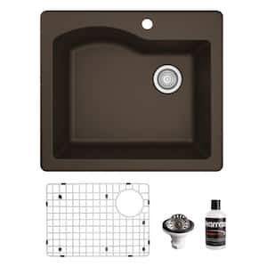 QT-671 Quartz/Granite 25 in. Single Bowl Top Mount Drop-In Kitchen Sink in Brown with Bottom Grid and Strainer