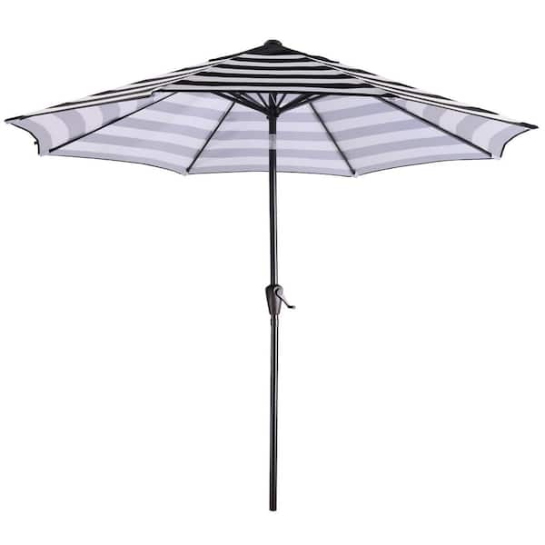 Kadehome 9 ft. Steel Pole Outdoor Market Push Button Tilt and Crank Patio Umbrella in Black and White Stripe