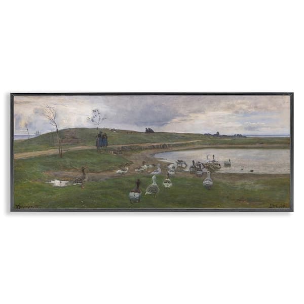 Stupell Industries Ducks Wading in Pond by June Erica Vess Black Framed Nature Giclee Art Print 13 in. x 30 in.