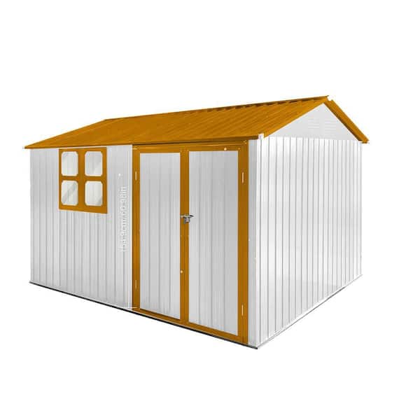 10 ft. W x 8 ft. D Outdoor Metal Storage Shed with Window Utility Tool Shed Storage House in White&Yellow (80 sq. ft. )
