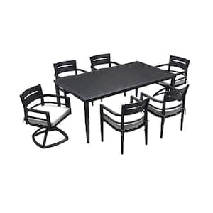 7-Piece Aluminum Black Modern Outdoor Dining Set with 4-Dining Chairs and 2-Swivel Rockers Cushions and Rectangle Table