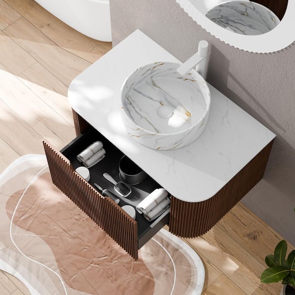 Baye 30 in. W Floating Dark Walnut Bath Vanity with White Textures Ceramic Sink and Engineered Marble Top Unassembled