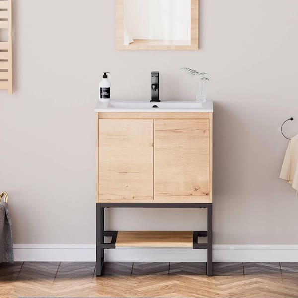 eclife 24 in. W x 18 in. D x 34 in. H Single Sink Freestanding Bath Vanity Cabinet in Natural with White Ceramic Top