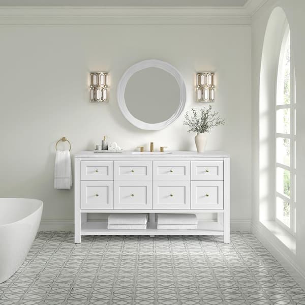 James Martin Vanities Breckenridge 60.0 in. W x 23.5 in. D x 34.25 in. H Single Bath Vanity in Bright White with Arctic Fall Solid Surface Top