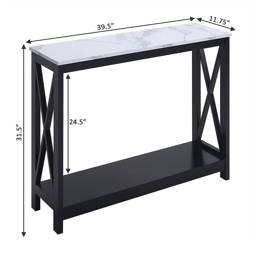 White Faux Marble and Black Console Table with Shelf