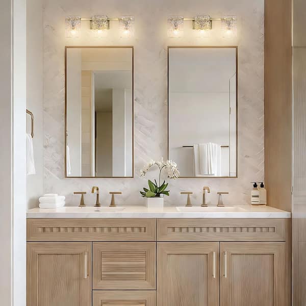 Puente 3-Light 25- in. Brushed Gold Vanity Light Bar Rectangular Wall Light with Water Glass for Living Room/ Bathroom