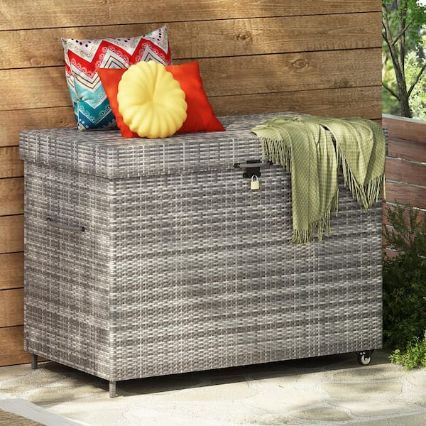 Harper & Bright Designs 230 Gal. Gray Wicker Deck Box with Wheels, All-Weather Outdoor Rattan Box, Storage Bin for Patio Furniture