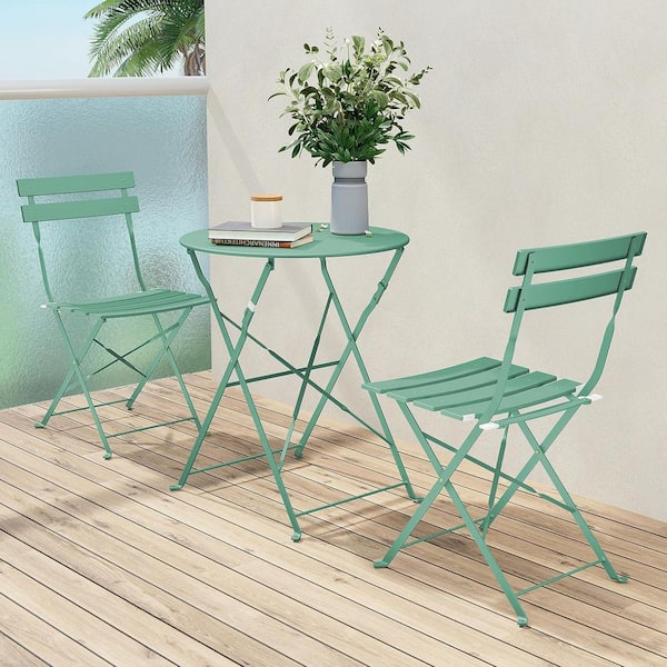 Green 3-Piece Folding Outdoor Bistro Set, Metal Chairs and Round Coffee Table, Portable for Patio, Proch, Balcony