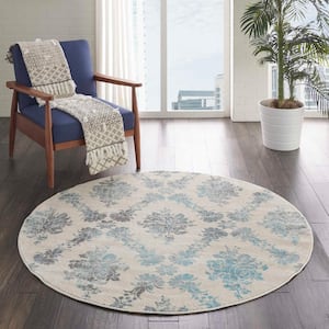 Tranquil Ivory/Turquoise 5 ft. x 5 ft. Persian Vintage Round Area Rug