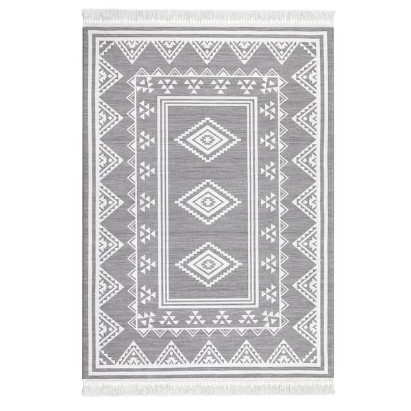 Tassel Printed Carpet Washable Area Rug Soft Non-Slip Bohemian Style Carpet for Bedroom Living Room Office Gray，8X10ft