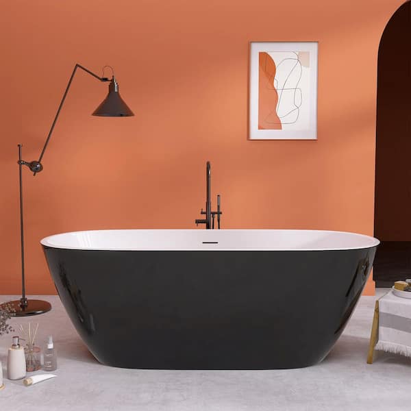 Ema 65 in. x 29.5 in. Acrylic Flatbottom Freestanding Soaking Bathtub with Pop-Up Drain in Glossy Black Stand Alone Tub