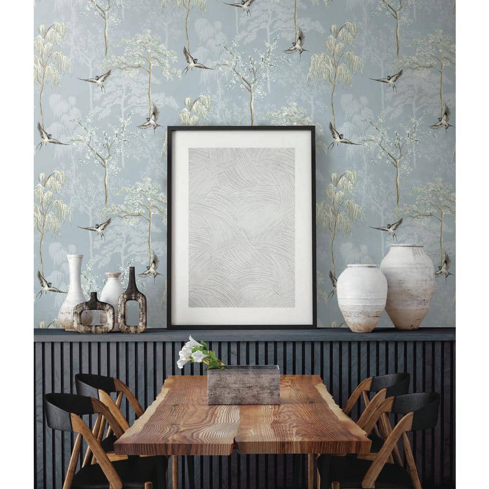 Light Blue Bird Garden Peel and Stick Wallpaper