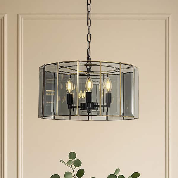 5-Light W 20 in. Modern Black and Brass Glass Drum Chandelier with Smoked Art Glass for Dining Room Living Room