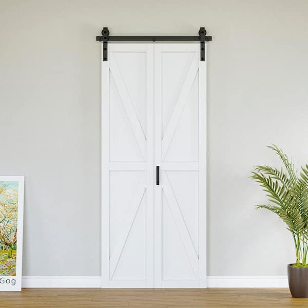 36 in. x 84 in. PaneLED K Shape Solid Core White Finished Composite MDF Bifold Door with Bifold Barn Door Hardware