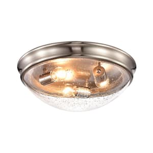 15 in. 3-Light Brushed Nickel Modern Flush Mount with Seeded Glass Shade