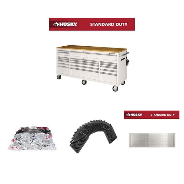 SAE/Metric 1025-Piece Mechanics Tool Set, 52-72 in. Adjustable Pegboard, EVA Trays, 72 in. White Mobile Workbench Combo