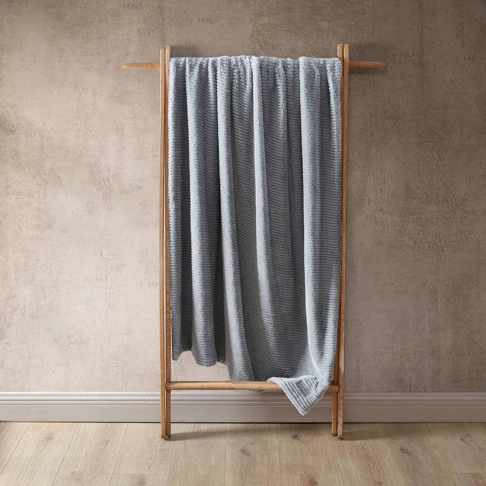 Gray Ribbed Reversible Fleece Sherpa Throw Blanket