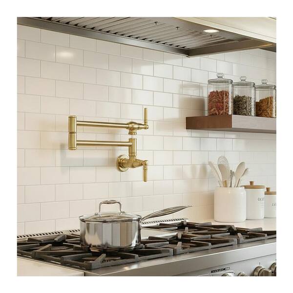 Wall Mounted Pot Filler 2-Handles Kitchen Faucet with 360° Spout Swivel in Brushed Gold