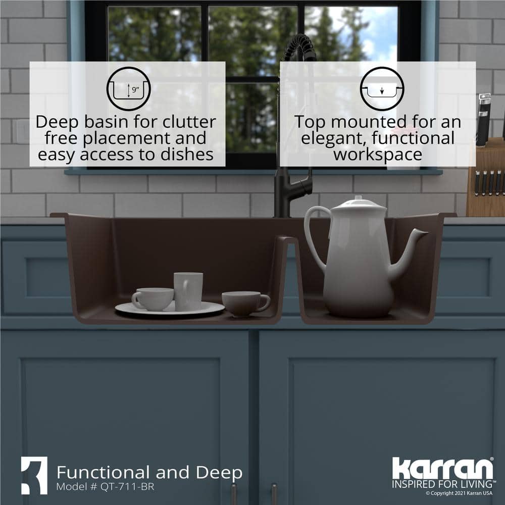 Brown Quartz Double Bowl Kitchen Sink with Rear Drain