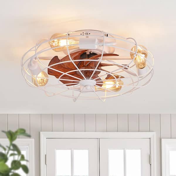 Genoxygic Blade Span 12 in. Indoor White Low Profile Ceiling Fan with Remote Flush Mount Cage Enclosed Ceiling Fan Fandelier