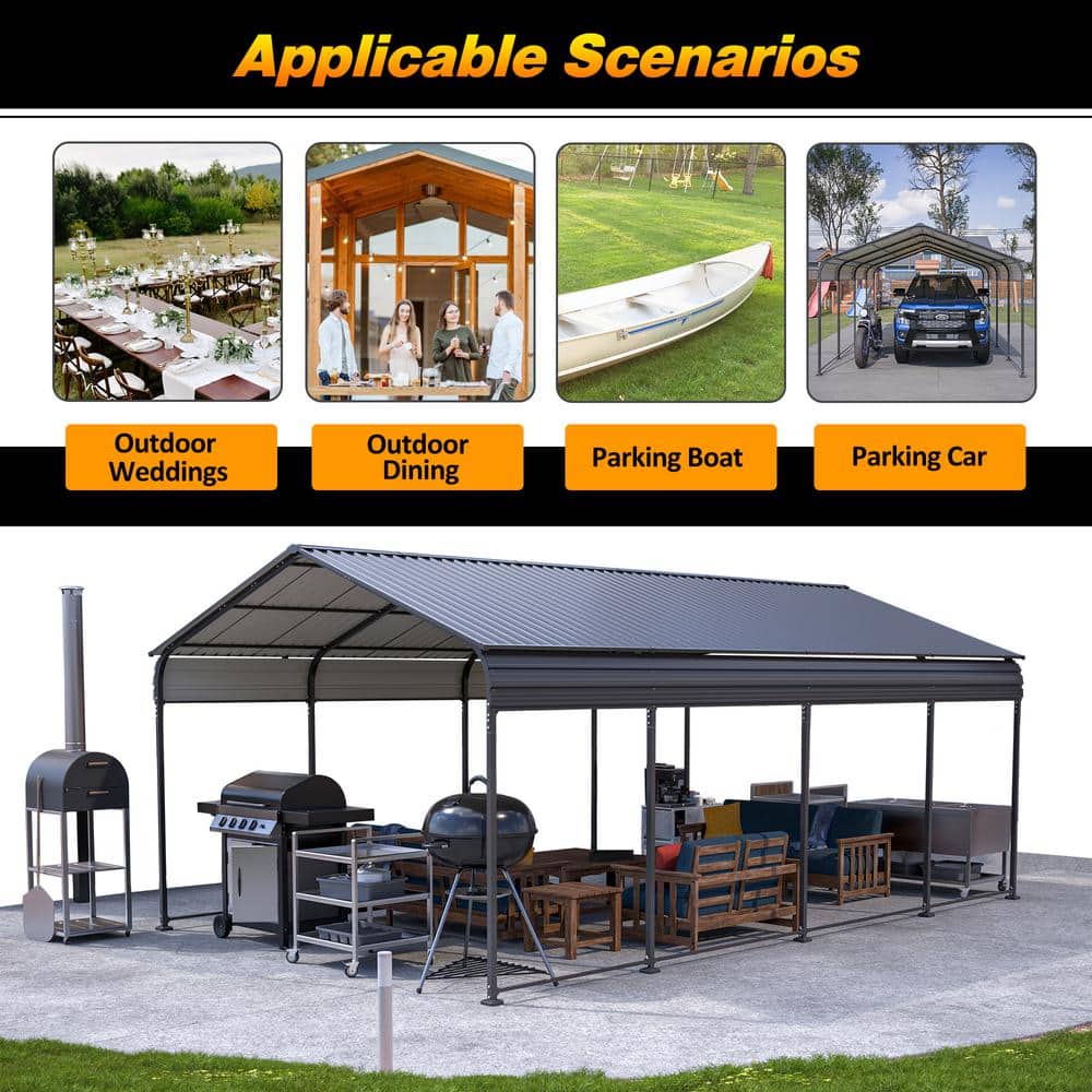 12' x 20' Gray Metal Carport with Galvanized Steel Roof