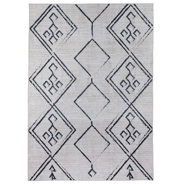 PLAYA RUG Aspen Creme Black 5 ft. 4 in. x 8 ft. Machine Washable Tribal Moroccan Bohemian Polyester Non-Slip Backing Area Rug