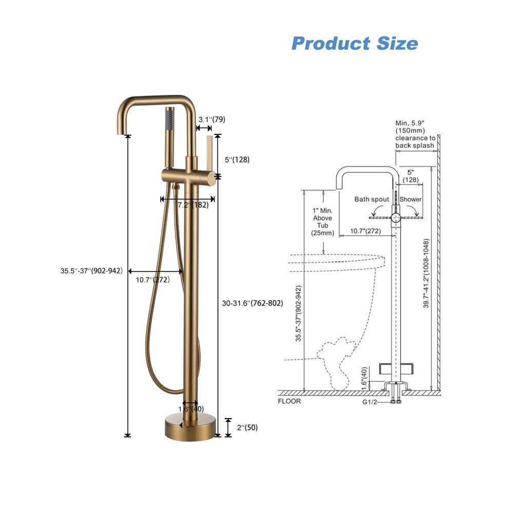 Gold Freestanding Tub Faucet with Hand Shower and Lever Handle
