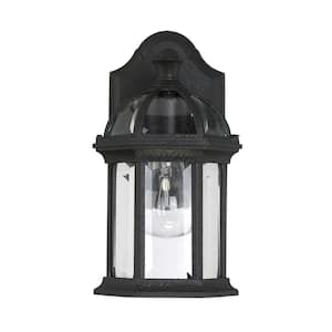 Kensington 5.5 in. W x 10.5 in. H 1-Light Textured Black Hardwired Outdoor Wall Lantern Sconce with Clear Glass