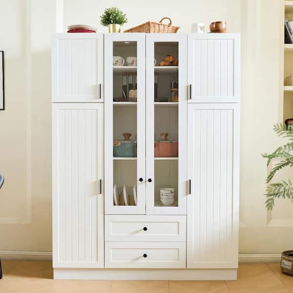 Modern 71 in. White Large Kitchen Pantry with 6 Doors, Drawers, Adjustable Shelves,Pull-out Trays and Wine Rack
