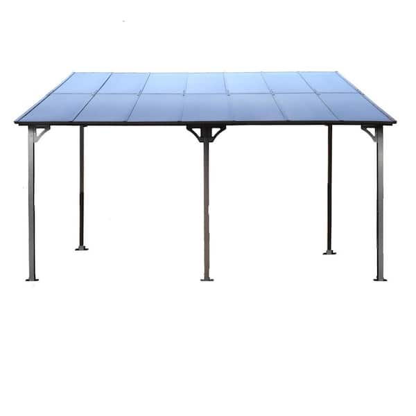 10 ft. x 14 ft. Gray Large Heavy Duty Outdoor Pergola Gazebo, Wall-Mounted Lean to Metal Awning Gazebo with Roof