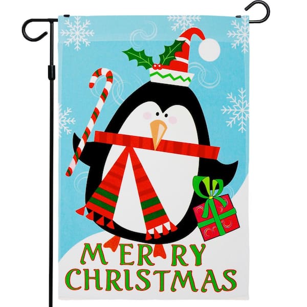 G128 1 ft. x 1.5 ft. Polyester Merry Christmas Penguin with Candy Cane 2-Sided Garden Flag Printed Blockout