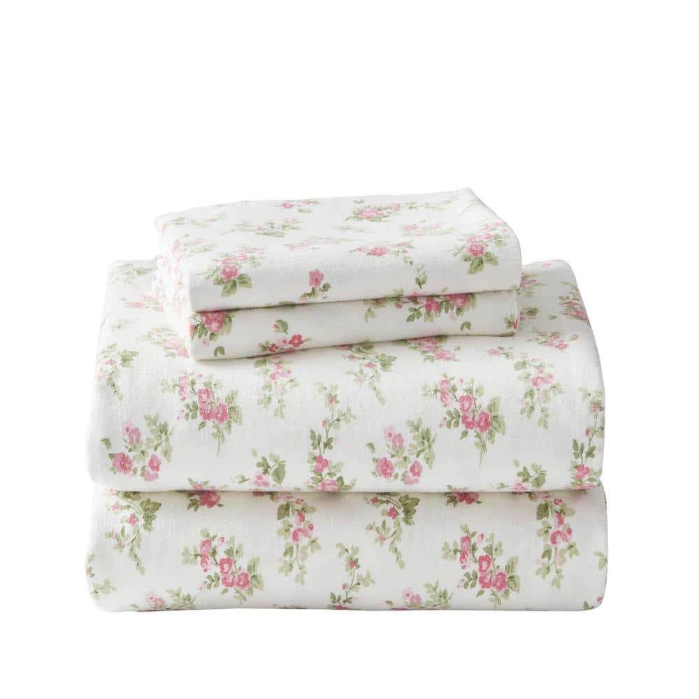 Laura Ashley Audrey 4-Piece Pink Floral Flannel Full Sheet Set 201591 ...