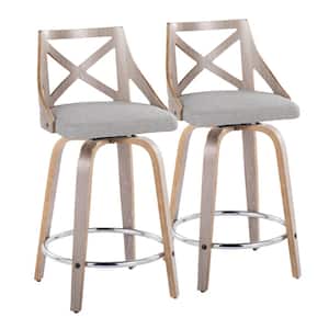 Charlotte 24.25 in. Grey Fabric, Light Grey Wood and Chrome Metal Fixed-Height Counter Stool (Set of 2)