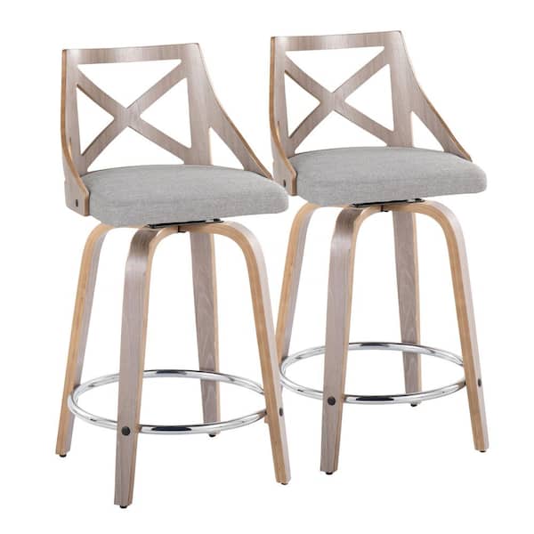 Lumisource Charlotte 24.25 in. Grey Fabric, Light Grey Wood and Chrome Metal Fixed-Height Counter Stool (Set of 2)
