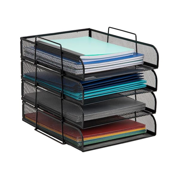 10.5"L x13. 5"W x11. 25"H, Stackable Paper Tray, Desktop Organizer, File Storage, Office, Metal, 4 Pcs., Black