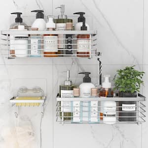 Sleek Series Adhesive Wall-Mount Silver Shower Caddies Organizer with Hooks Soap Dish Shelf in Stainless Steel