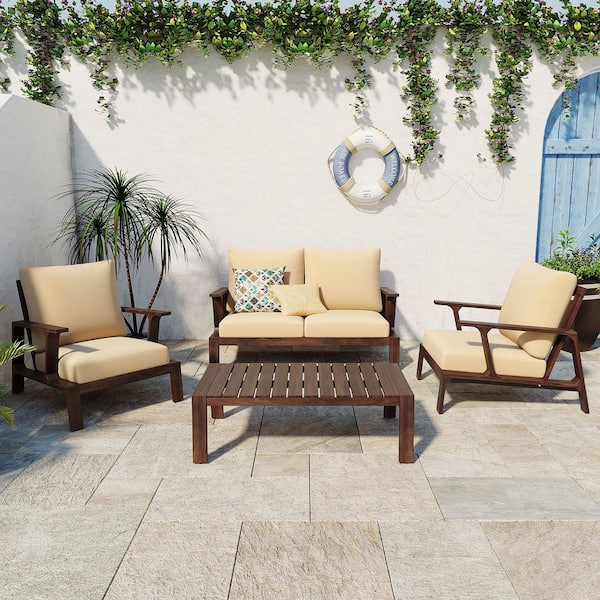 Dark Brown 4-Piece Acacia Wood Outdoor Conversation Set with Beige Cushions and a Coffee Table for Patios