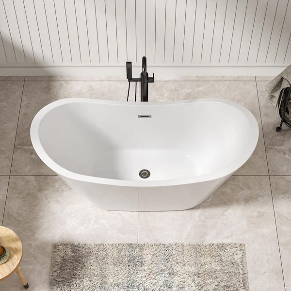 59 in. x 29.5 in. Rectangular Soaking Freestanding Acrylic Bathtub with Center Drain in White